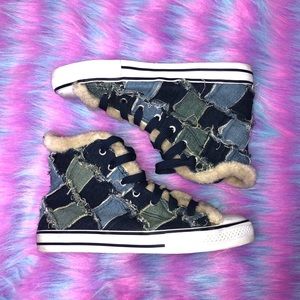vintage denim collage high-top sneakers